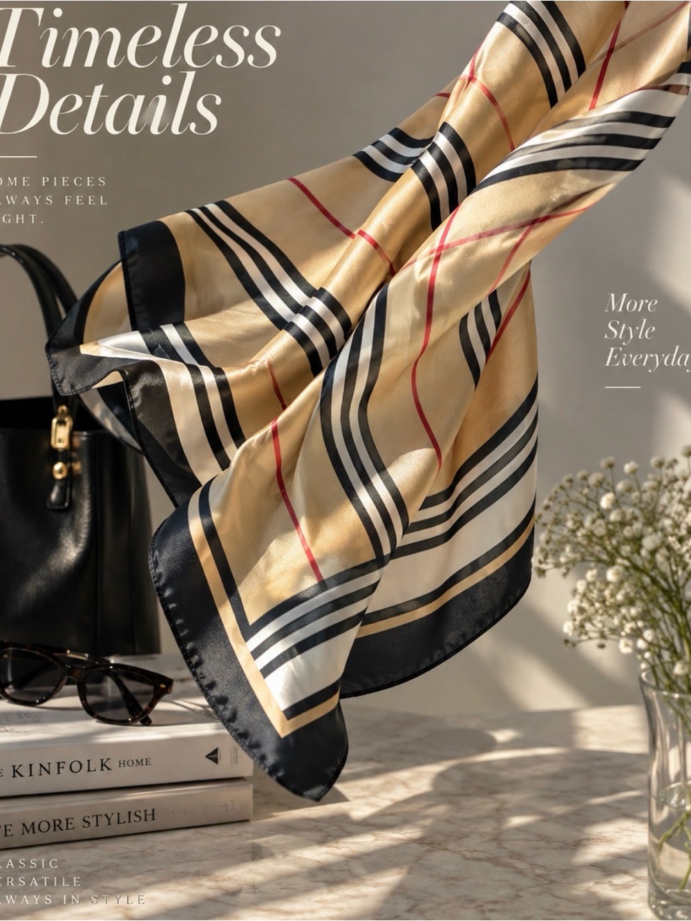 Elegant Black & Gold Plaid Silk Scarf - Women Accessories